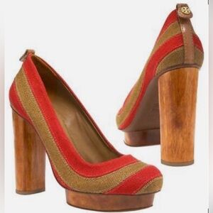 Tory Burch Platform Heels Size 8.5 Wooden Heel Stripe Design Rare 👠
